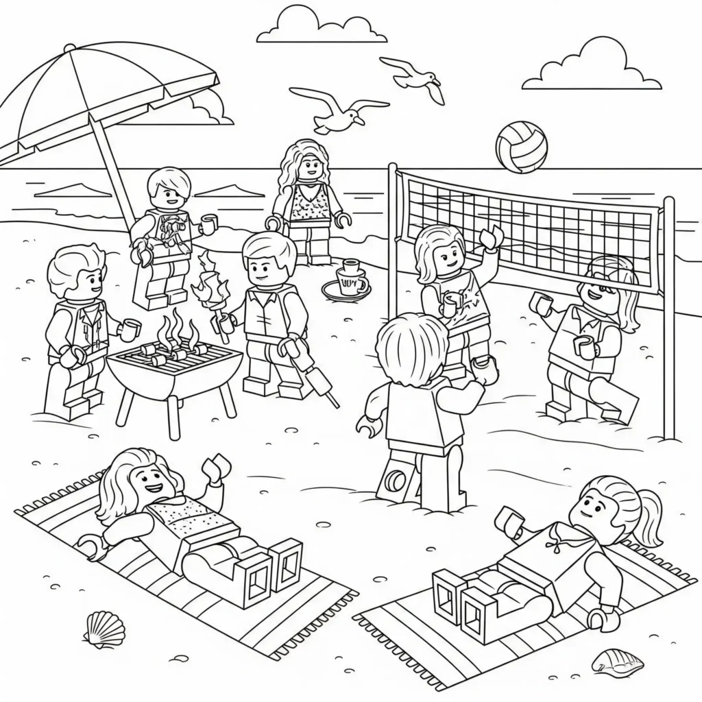 LEGO Figuren spielen am Strand und genießen den sommerlichen tag sommer ausmalbilder zum ausdrucken kostenlos für kinder