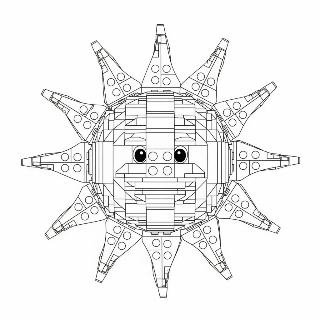 Ausmalbild einer LEGO-Sonne mit typischen Bausteinen, ideal zum Ausdrucken und Ausmalen für kleine LEGO-Fans
