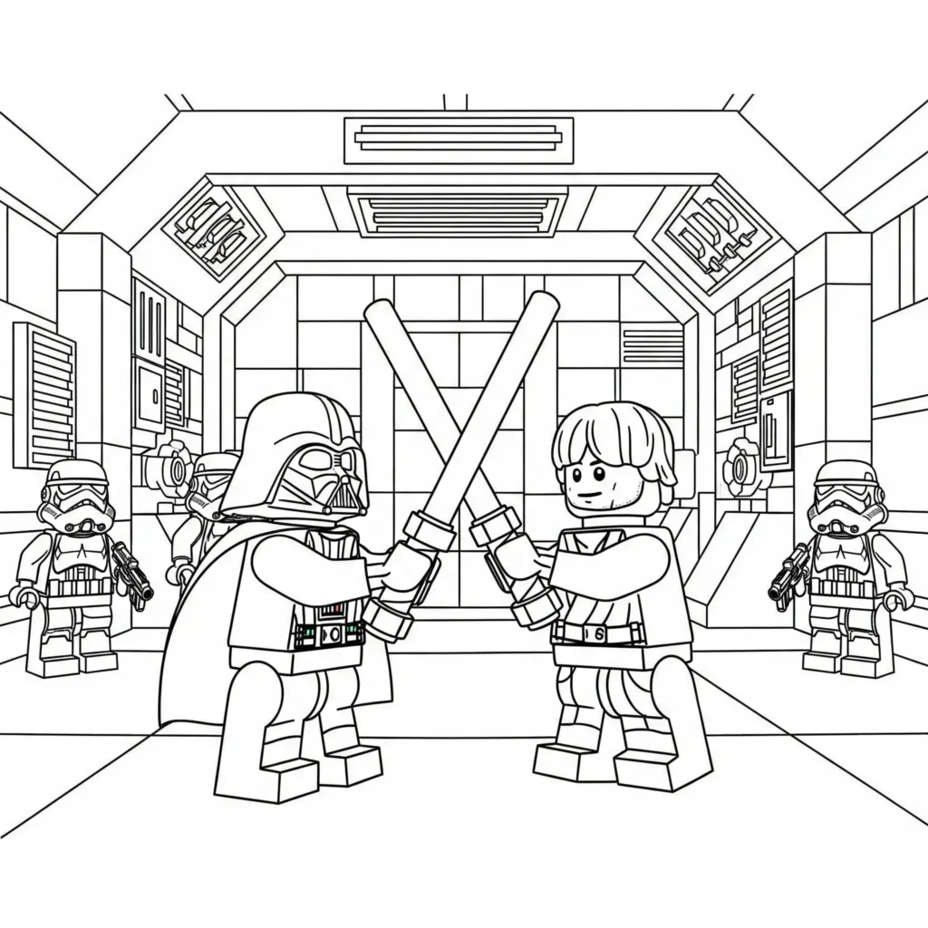 Lego Ausmalbild mit Star Wars Figuren zum Ausdrucken als PDF für Kinder und Erwachsene