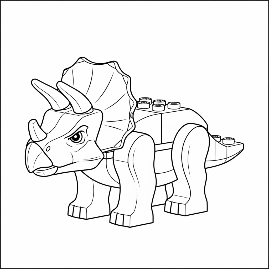 Kreatives LEGO Triceratops Ausmalbild als Malvorlage für Kinder mit einem Baustein-Dino Motiv zum kostenlosen Ausdrucken und Ausmalen