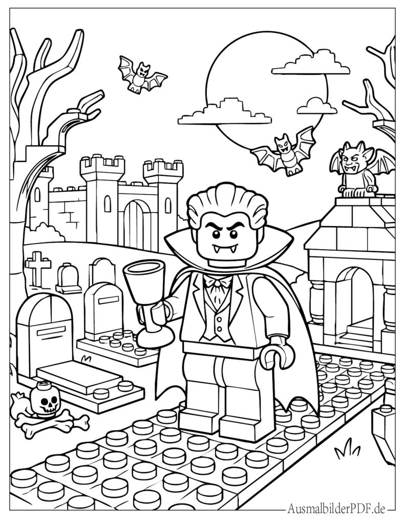 Ausmalbild eines Lego Vampirs für Kinder, Halloween Motiv zum Ausdrucken und kreativen Ausmalen