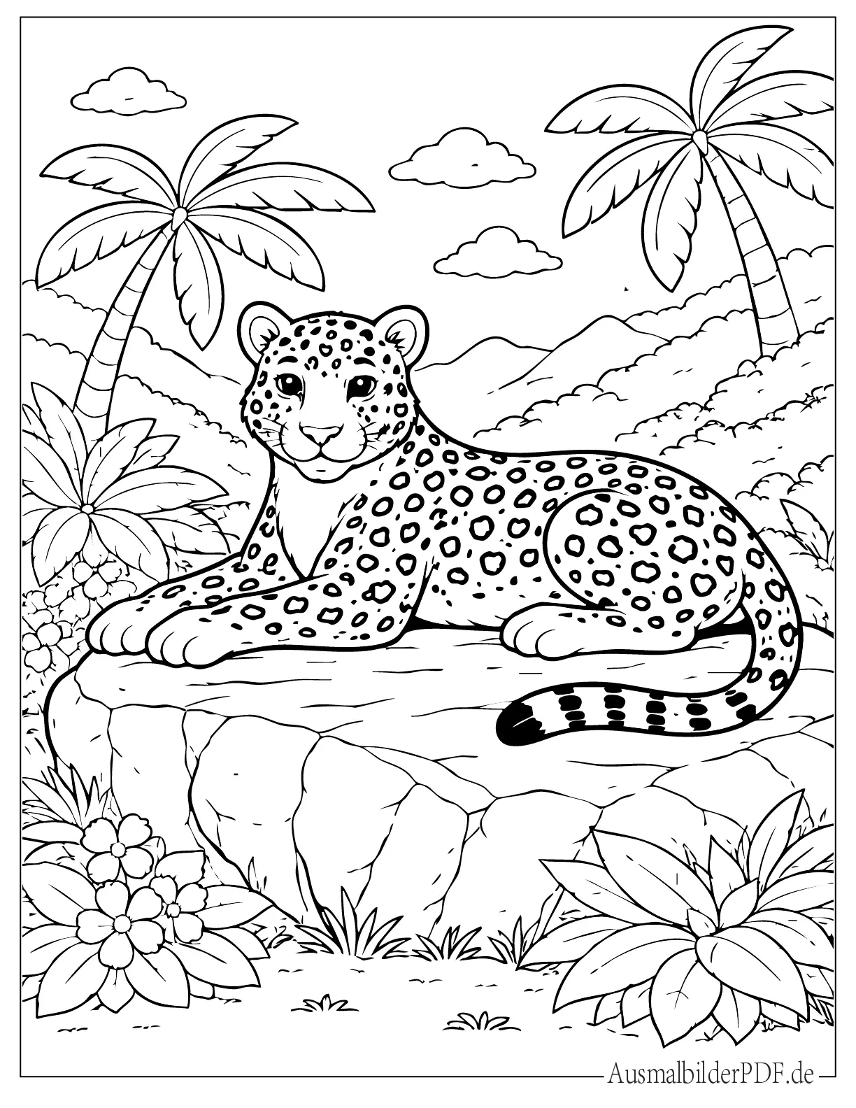 Leopard Ausmalbild sitzt auf einem Felsen in der Wildnis