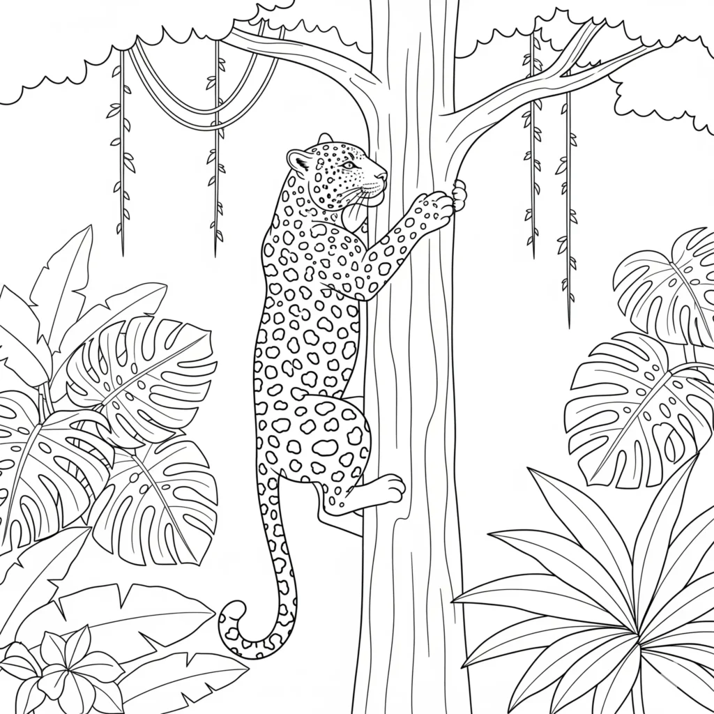 20 Dschungel Ausmalbilder (Gratis Malvorlage zum Ausdrucken) Malvorlage mit einem Leopard, der einen hohen Baum im Dschungel erklimmt, zum kostenlosen Ausdrucken für Kinder und Erwachsene