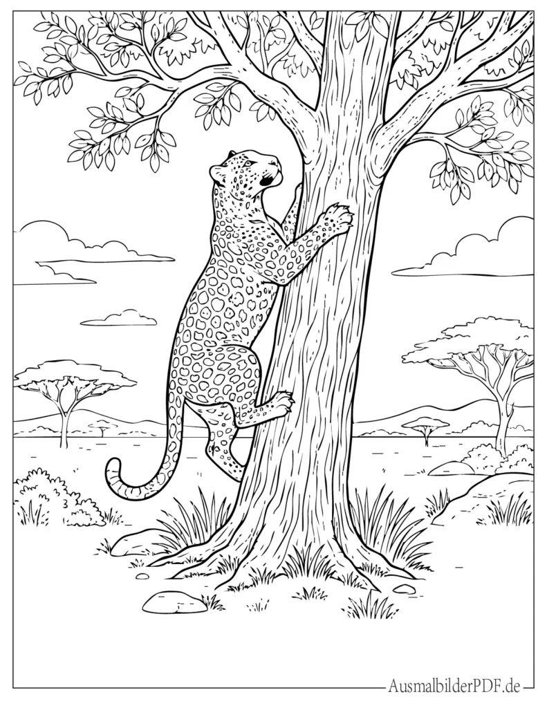 Ausmalbild eines Leoparden, der einen Baum erklimmt, perfekt für Kinder zum Ausmalen und Drucken