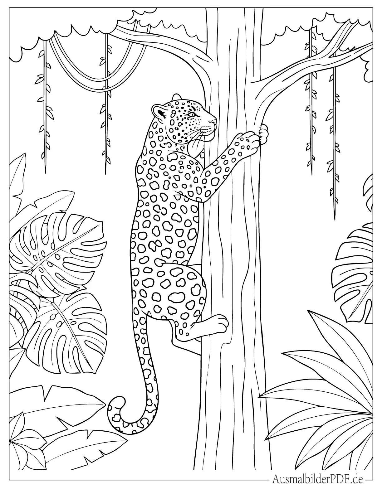 Realistischer Leopard klettert einen hohen Dschungelbaum hoch Ausmalbild