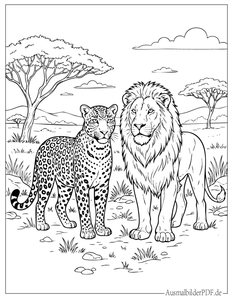 Ausmalvorlage von Leopard und Löwe in der Savanne, ideal für Kinder zum Ausmalen und Drucken