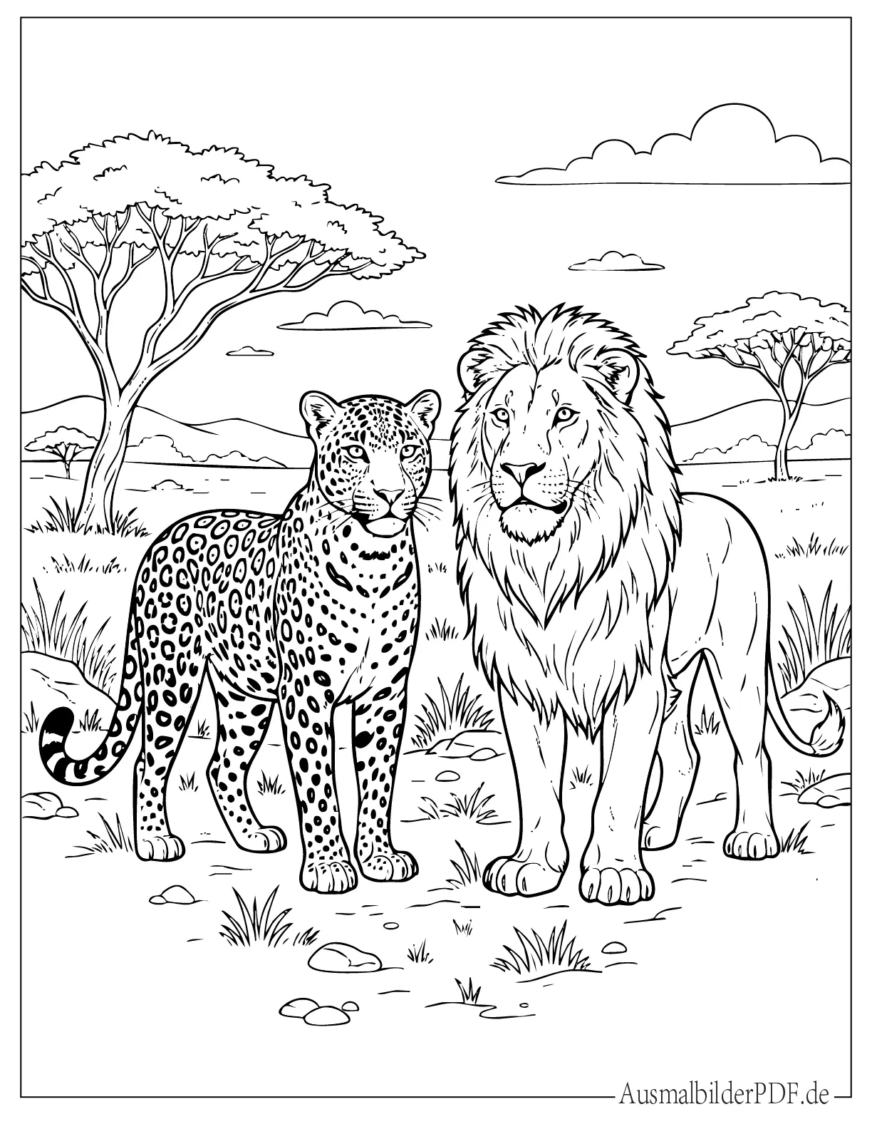 Leopard und Löwe stehen nebeneinander Ausmalvorlage
