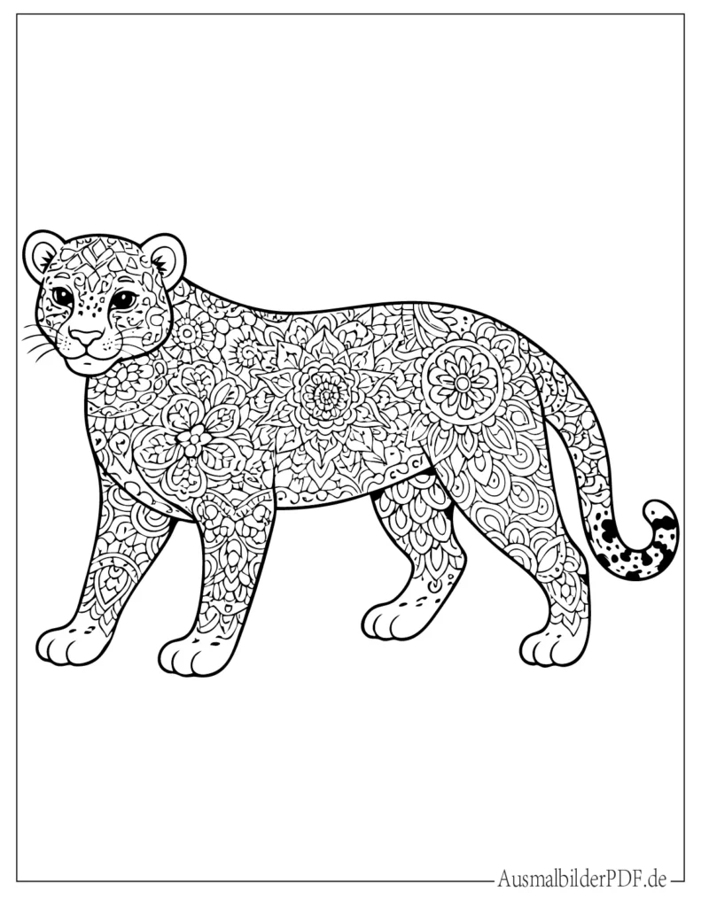 Malbild eines Leoparden-Mandalas für Erwachsene, perfekt zum Entspannen und Ausmalen