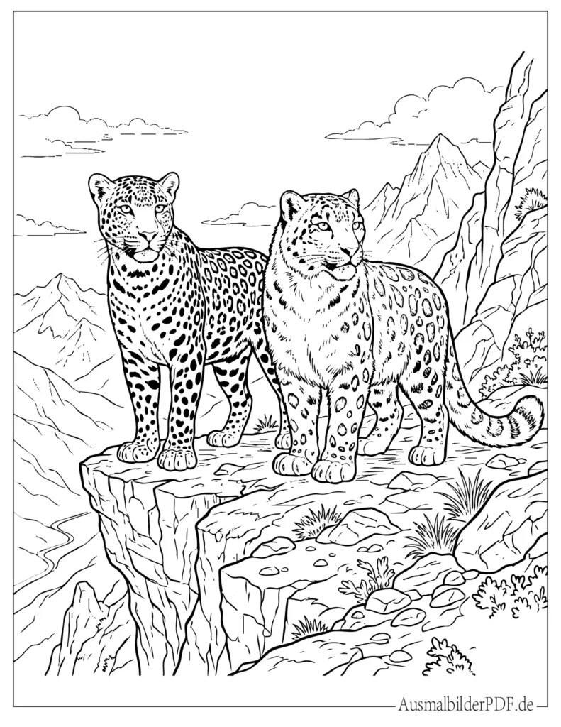 Malvorlage von Leopard und Schneeleopard auf einem Felsen, ideal für Kinder zum Ausmalen und Drucken
