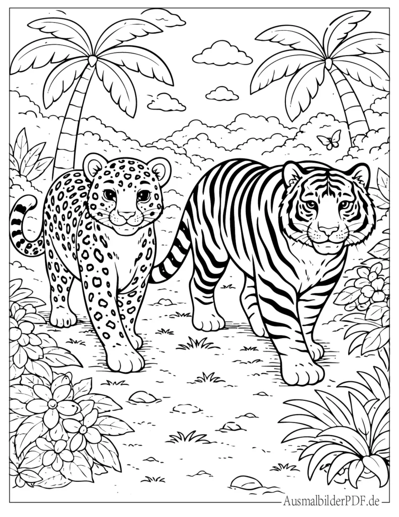 Ausmalblatt von Leopard und Tiger im Dschungel, ideal für Kinder zum Ausmalen und Drucken