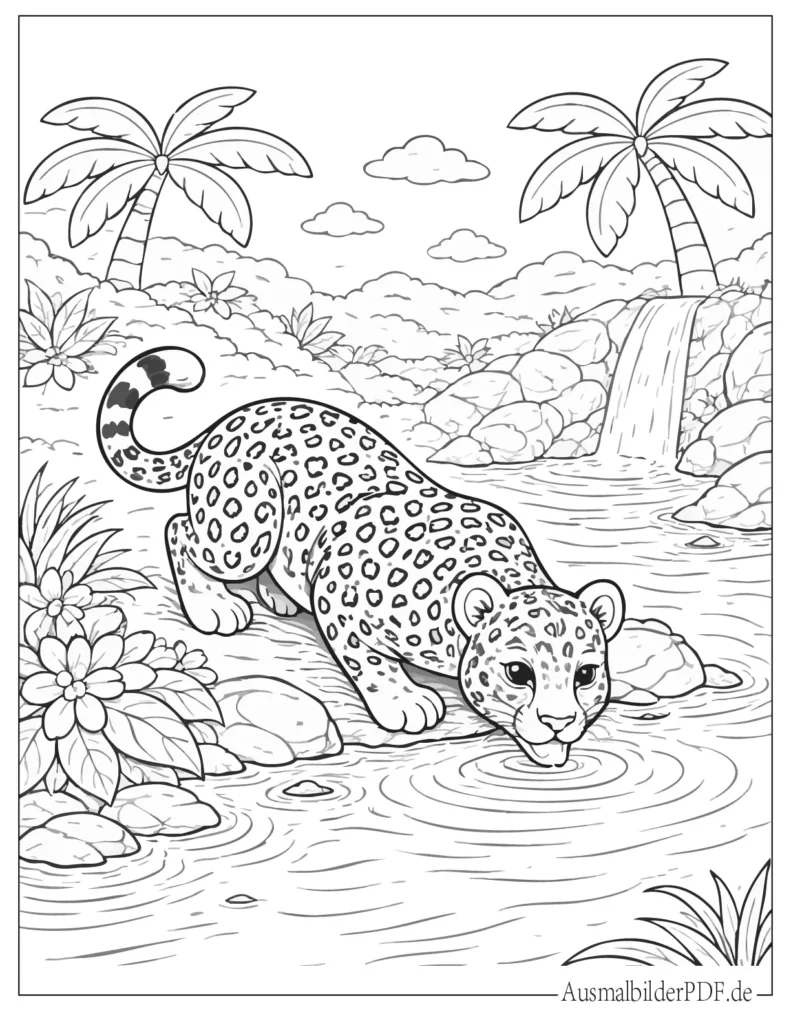 Ausmalblatt eines Leoparden, der Wasser aus einem Fluss trinkt, ideal für Kinder zum Ausmalen und Drucken