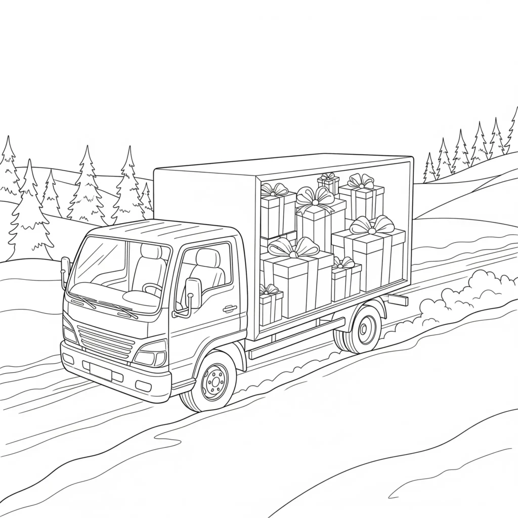 Ausmalbild eines Lieferwagens, der durch verschneite Straßen fährt, passend für Kinder, die winterliche LKW Ausmalbilder mögen