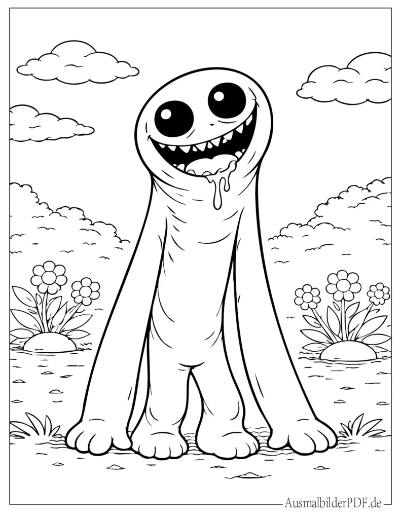 Ausmalbild eines lila Rainbow Friend mit langem Körper und Lächeln, ideal für Kinder zum Drucken und Ausmalen