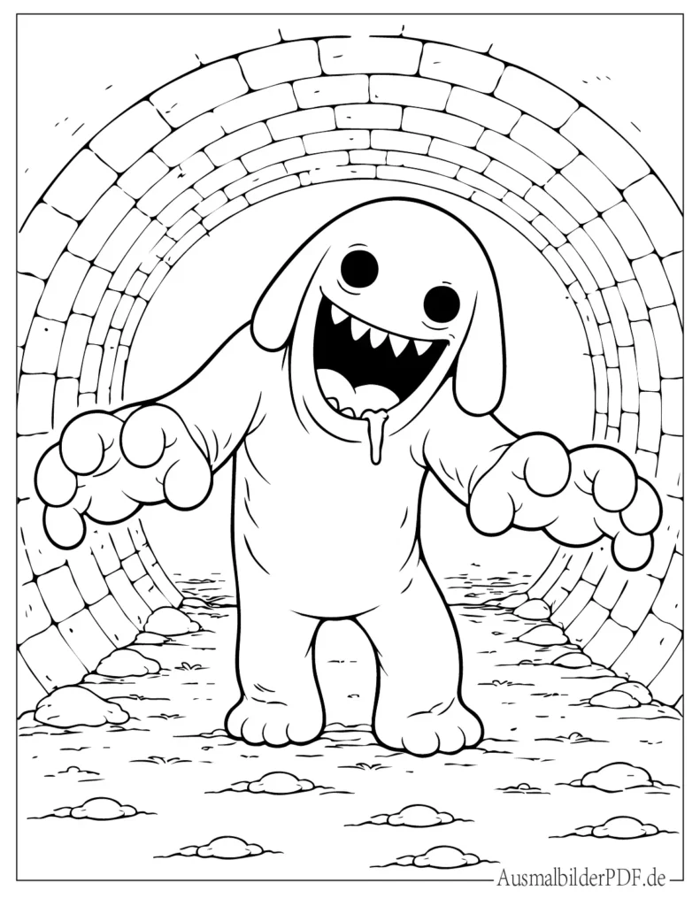 Ausmalbild eines lila Rainbow Friend im Tunnel, perfekt für Kinder zum Drucken, Ausmalen und stundenlangen Spaß