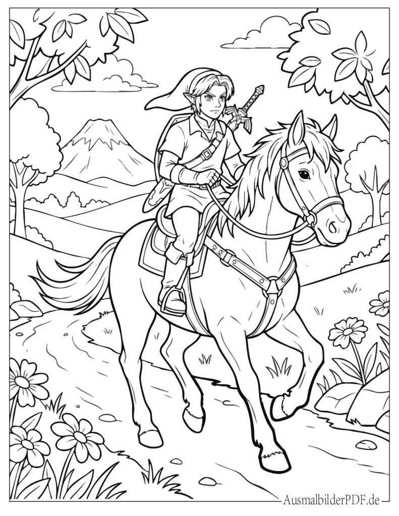 Ausmalblatt von Link, der auf seinem Pferd Epona reitet, perfekt für Kinder zum Ausmalen und Drucken