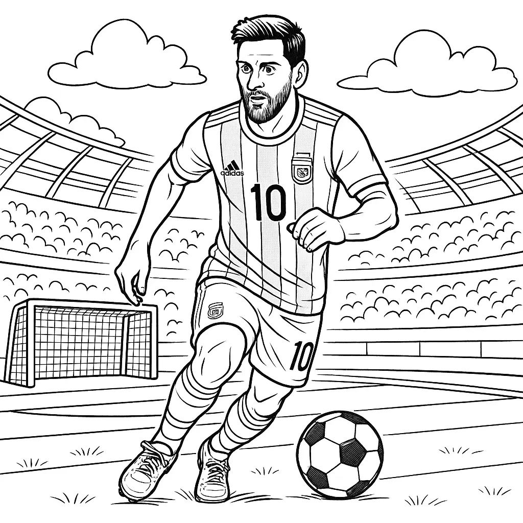 Ausmalbild Lionel Messi im Argentinien-Trikot mit Nummer 10 beim Dribbling im Stadion, Ball vor dem Tor.