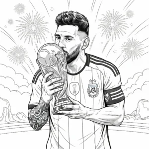 Lionel Messi Ausmalbild zeigt ihn, wie er den WM Pokal küsst, kostenlose Malvorlage zum Ausdrucken für Kinder und Fußballfans