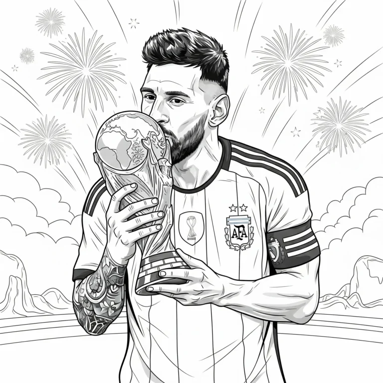 Lionel Messi Ausmalbild zeigt ihn, wie er den WM Pokal küsst, kostenlose Malvorlage zum Ausdrucken für Kinder und Fußballfans