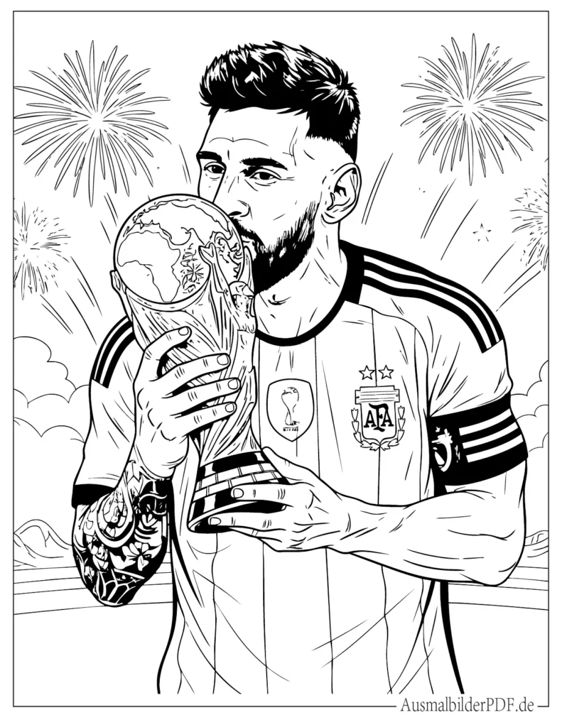 Lionel Messi Ausmalbild zeigt ihn, wie er den WM Pokal küsst, kostenlose Malvorlage zum Ausdrucken für Kinder und Fußballfans
