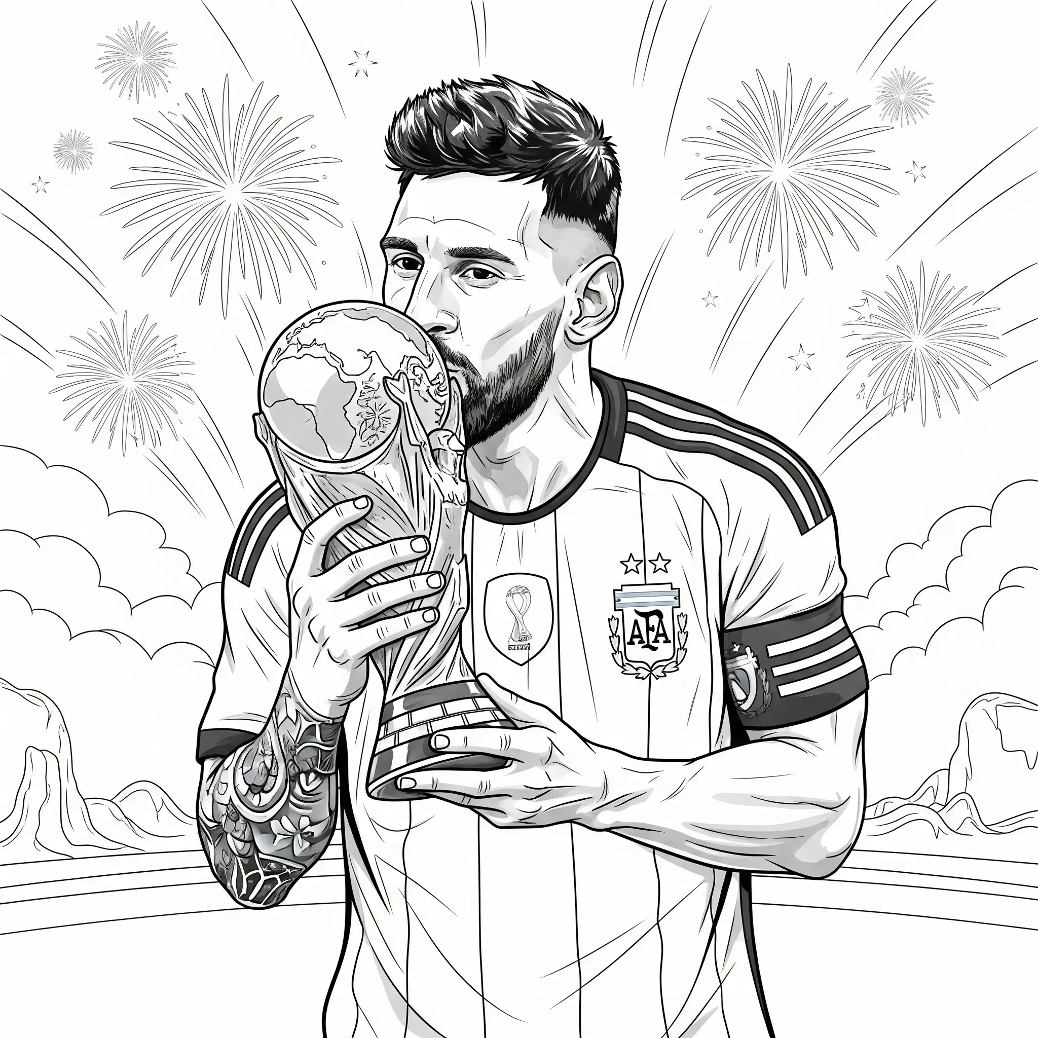 Lionel Messi Ausmalbild zeigt ihn, wie er den WM Pokal küsst, kostenlose Malvorlage zum Ausdrucken für Kinder und Fußballfans