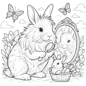Ausmalbild eines Lionhead Hasen, der seine Mähne vor einem Spiegel bürstet, mit Schmetterlingen