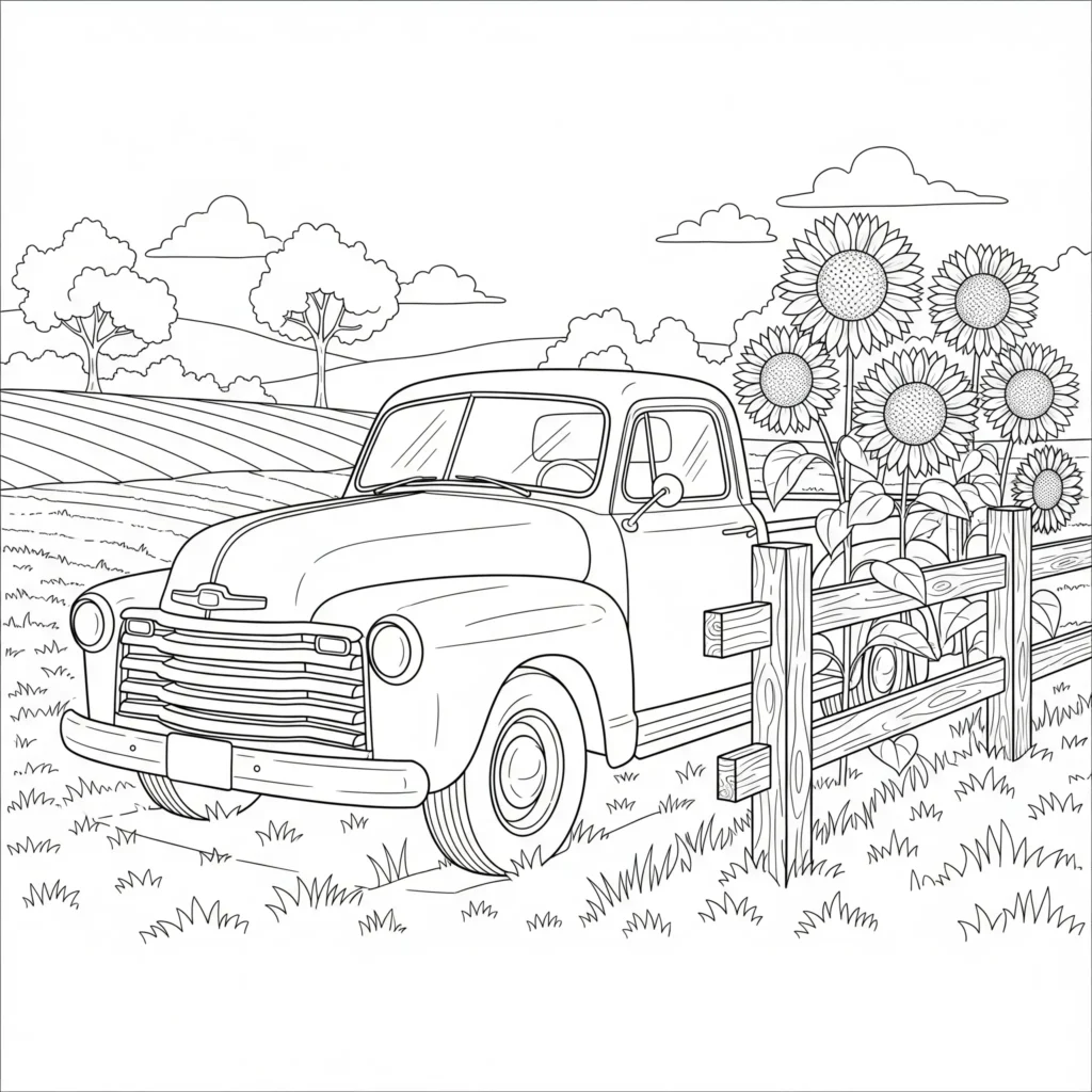 Ausmalbild eines alten Vintage-LKWs, der durch die ländliche Gegend fährt, ideal für Kinder und Fans von klassischen LKW Ausmalbildern