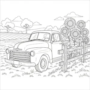 Ausmalbild eines alten Vintage-LKWs, der durch die ländliche Gegend fährt, ideal für Kinder und Fans von klassischen LKW Ausmalbildern