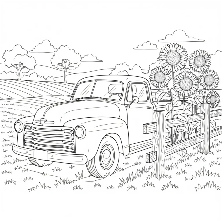 Ausmalbild eines alten Vintage-LKWs, der durch die ländliche Gegend fährt, ideal für Kinder und Fans von klassischen LKW Ausmalbildern