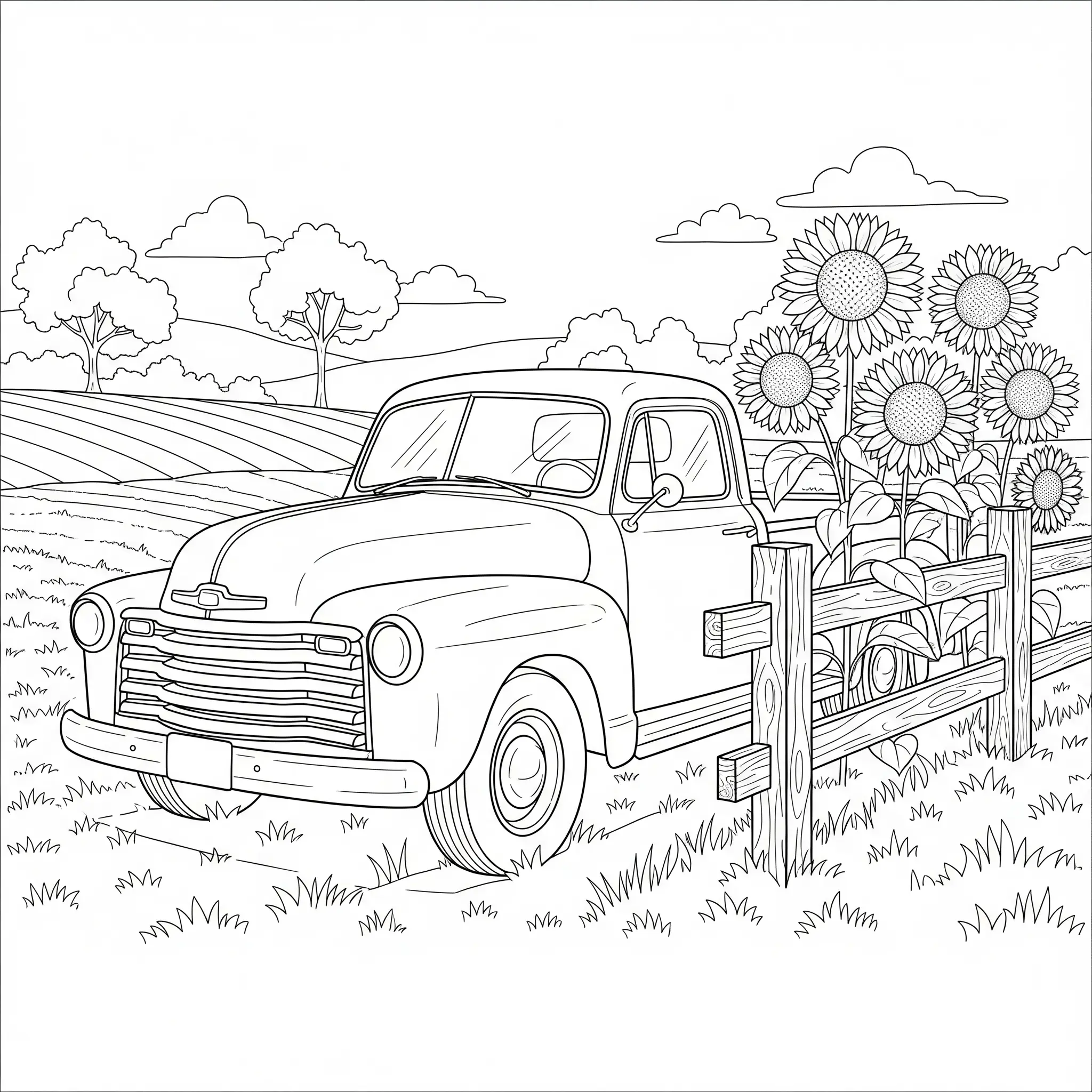 Ausmalbild eines alten Vintage-LKWs, der durch die ländliche Gegend fährt, ideal für Kinder und Fans von klassischen LKW Ausmalbildern