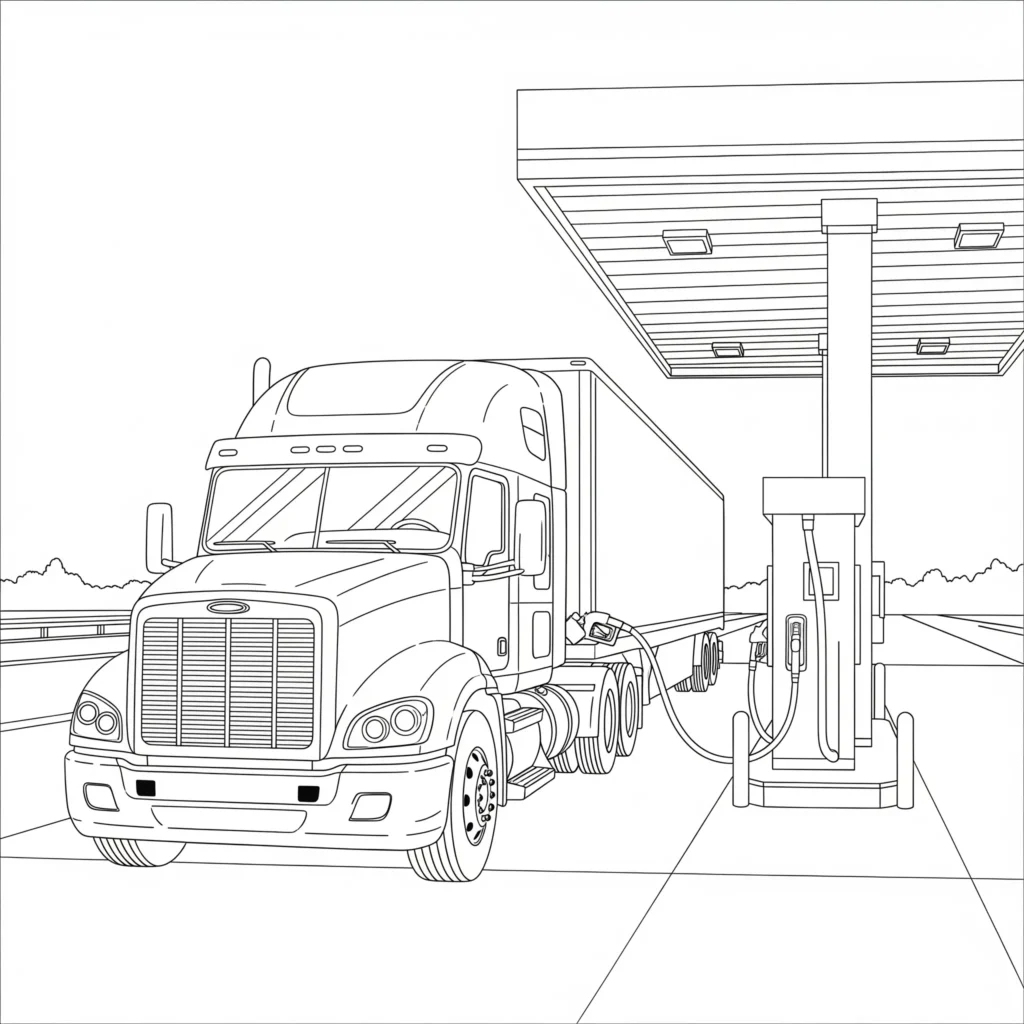 Ausmalbild eines Lastwagens, der an einer Tankstelle steht und tankt – perfekt für Kinder als LKW Ausmalbild zum Ausdrucken