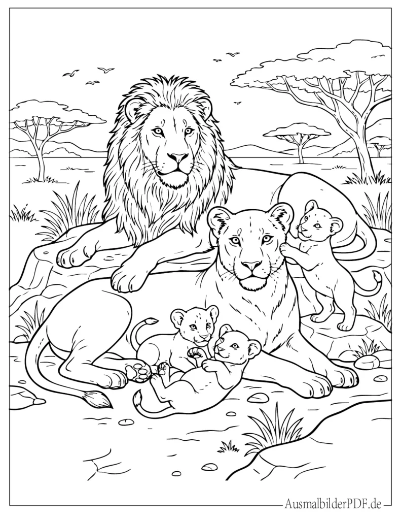 Ausmalblatt einer Löwenfamilie mit Mama, Papa und Babys, perfekt für Kinder zum Ausmalen und kreativen Gestalten zuhause