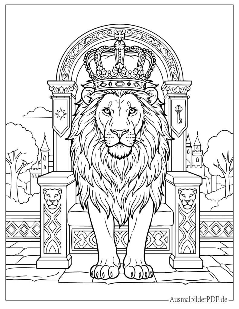 Ausmalbild eines Löwen mit königlicher Krone, perfekt für Kinder zum Ausmalen und fantasievolles kreatives Gestalten zuhause