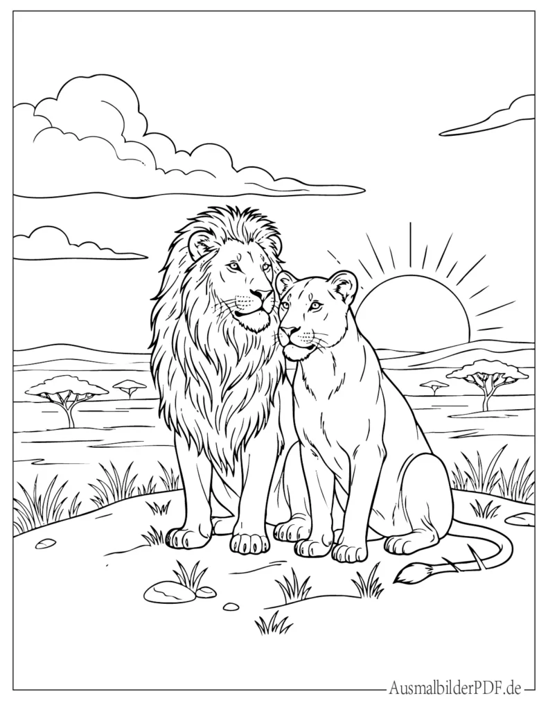 Malvorlage eines Löwen und einer Löwin, die zusammen bei Sonnenaufgang sitzen, ideal für Kinder zum Ausmalen und kreative Gestaltung zuhause