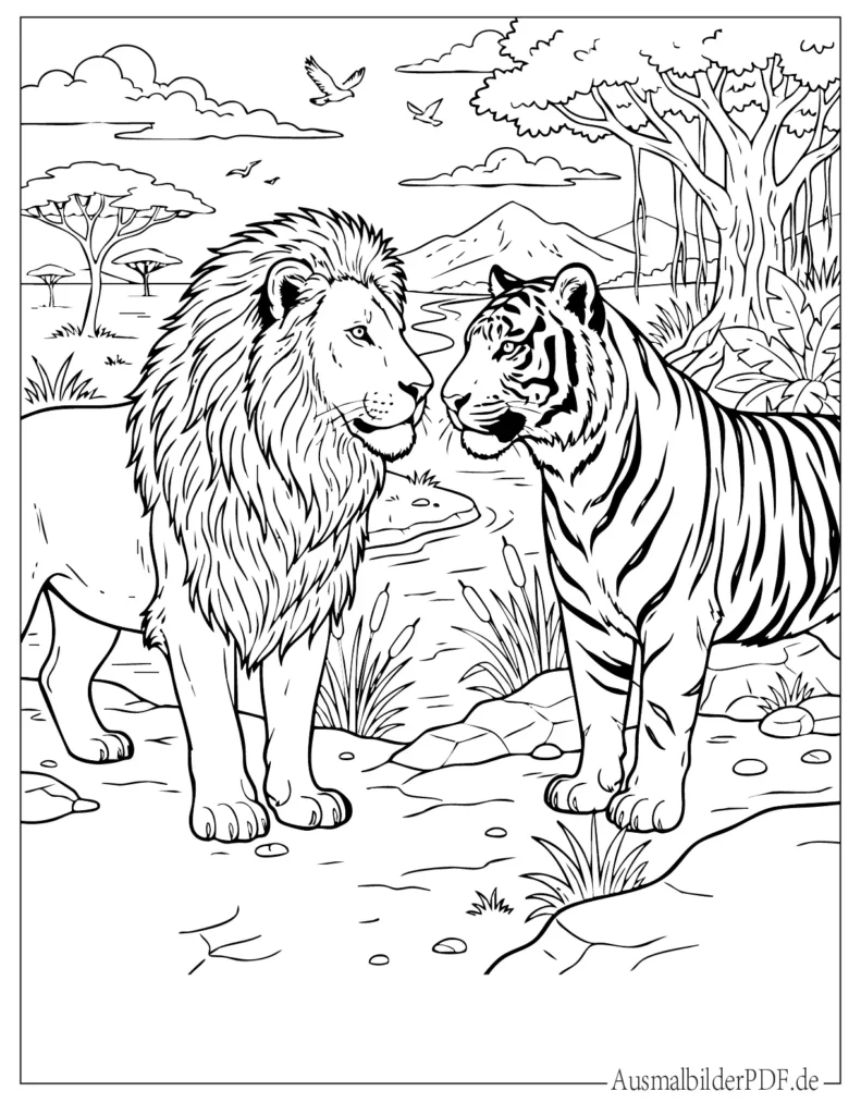Ausmalvorlage eines Löwen und Tigers, die sich gegenüberstehen, ideal für Kinder zum Ausmalen und kreative Gestaltung zuhause