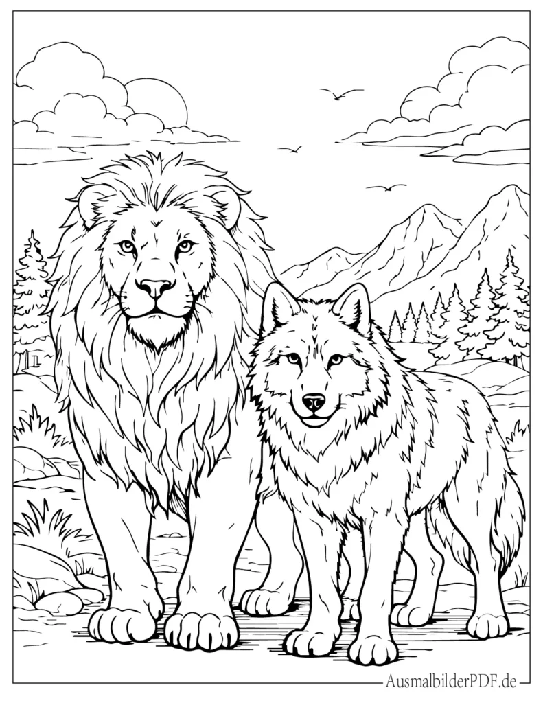 Ausmalvorlage eines Löwen und Wolfs, die zusammen stehen, perfekt für Kinder zum Ausmalen und kreative Gestaltung zuhause