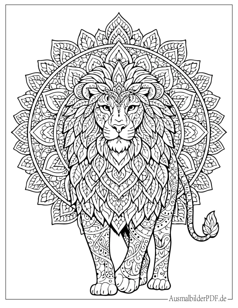 Druckvorlage eines detaillierten Löwen-Mandalas, ideal für Erwachsene zum Ausmalen, Entspannen und kreative Gestaltung zuhause