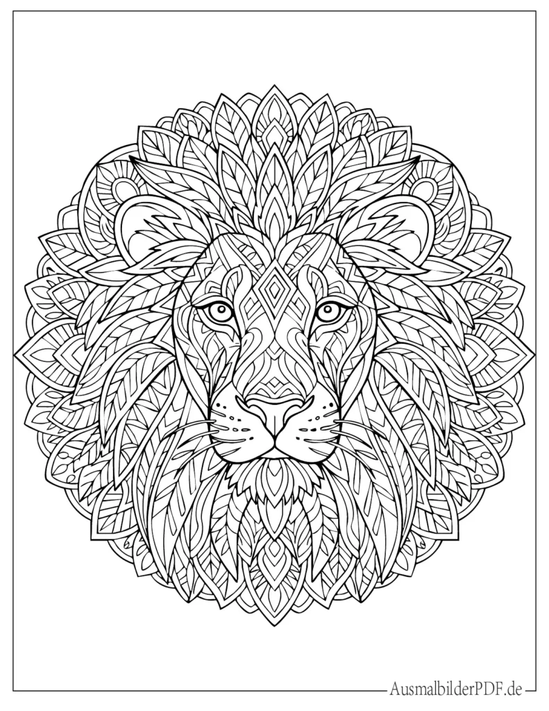 Druckvorlage eines detaillierten Löwenkopf-Mandalas, perfekt für Erwachsene zum Ausmalen, Entspannen und kreative Gestaltung zuhause