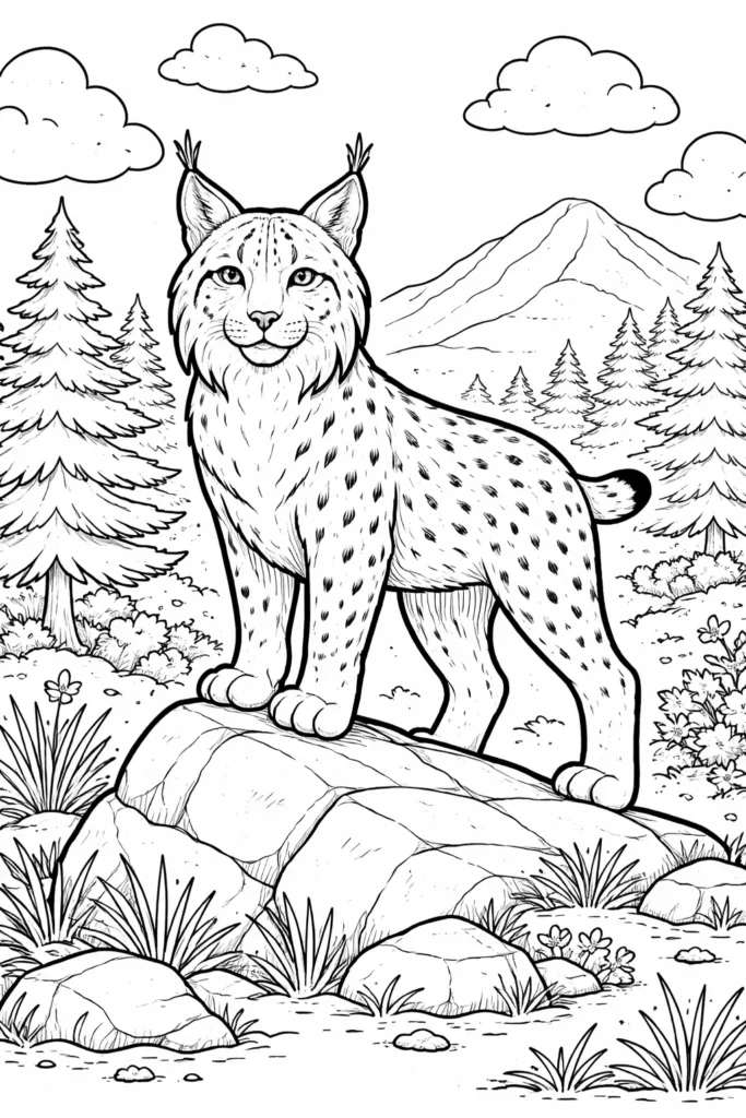 10+ Luchs Ausmalbilder (Kostenlos Malvorlage zum Ausdrucken) Ruhiger Luchs mit spitzen Ohren auf einem Felsen als detailliertes Ausmalbild für Kinder und Erwachsene zum Ausdrucken und Entspannen.