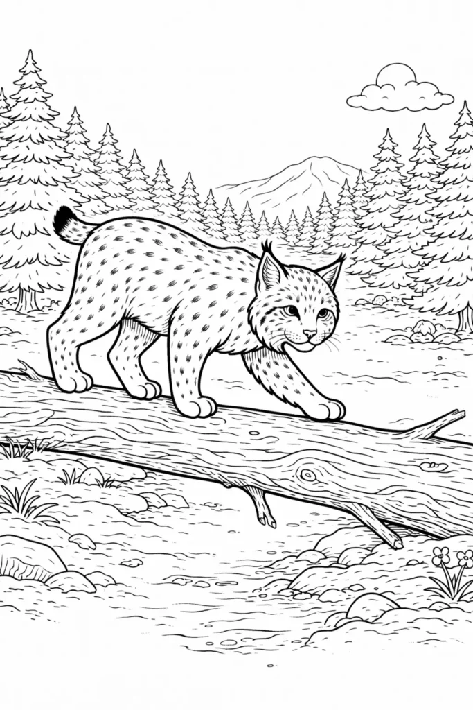 10+ Luchs Ausmalbilder (Kostenlos Malvorlage zum Ausdrucken) Luchs geht vorsichtig über einen umgefallenen Baumstamm als Ausmalbild zum Ausdrucken für Kinder und Erwachsene zum kreativen Ausmalen.