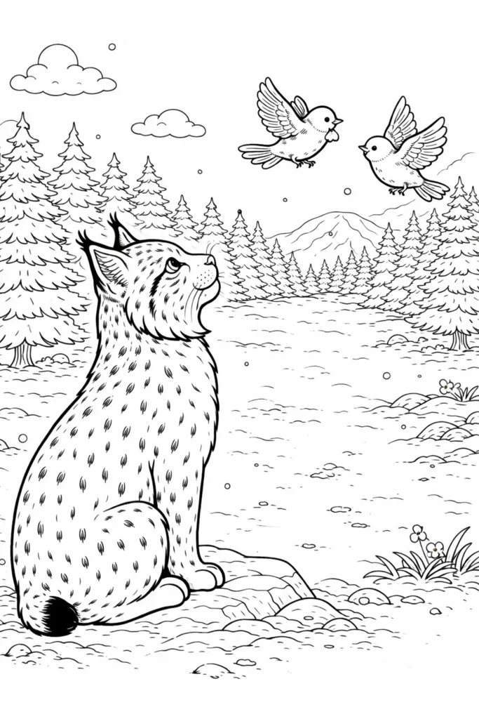 10+ Luchs Ausmalbilder (Kostenlos Malvorlage zum Ausdrucken) Luchs beobachtet aufmerksam Vögel als Ausmalbild zum Ausdrucken für Kinder und Erwachsene für kreative und entspannte Malmomente.