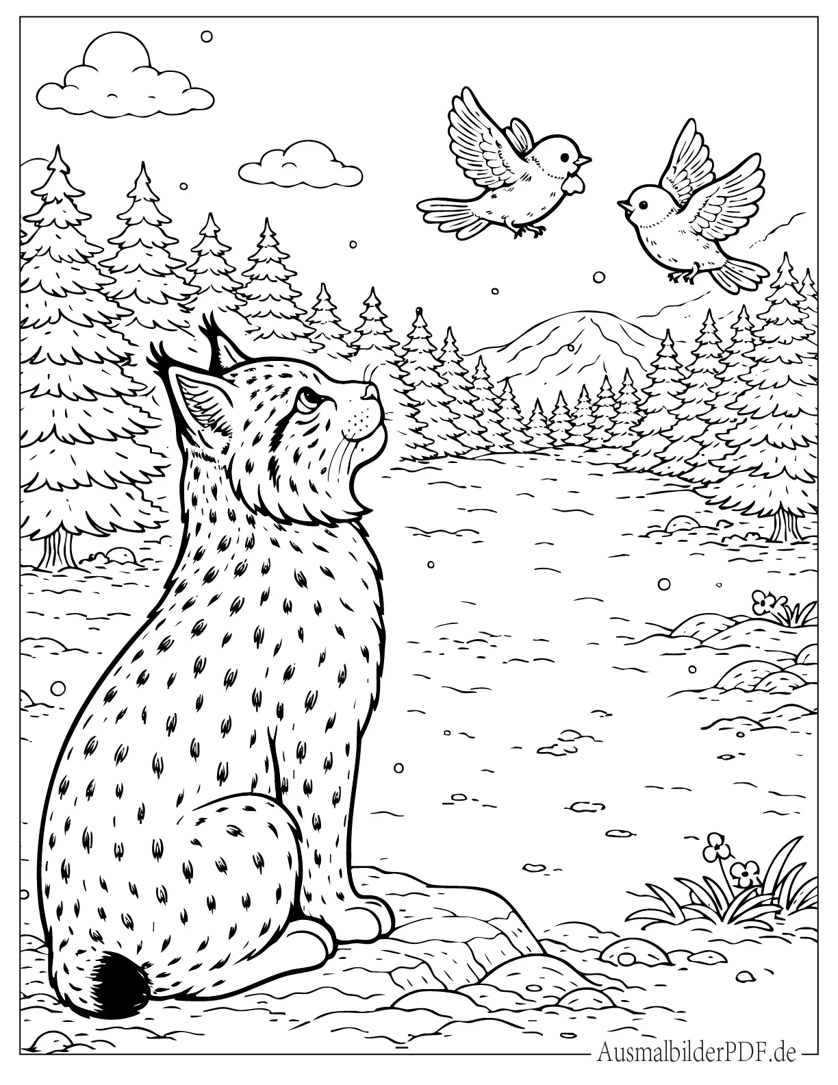 Niedlicher Luchs beobachtet fliegende Vögel Ausmalbild