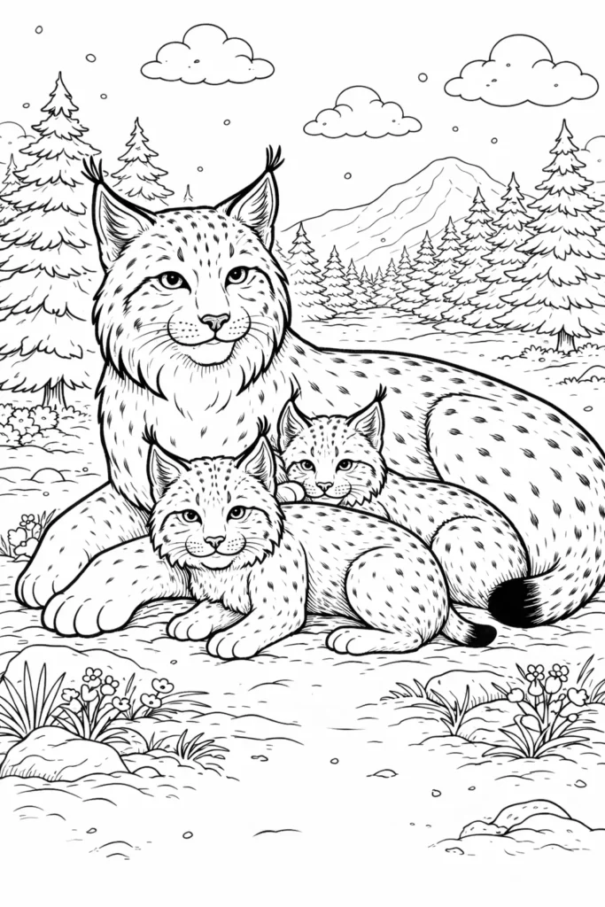 10+ Luchs Ausmalbilder (Kostenlos Malvorlage zum Ausdrucken) Luchsfamilie mit zwei Jungen als niedliches Ausmalbild zum Ausdrucken für Kinder und Erwachsene, ideal für kreative Stunden zu Hause.