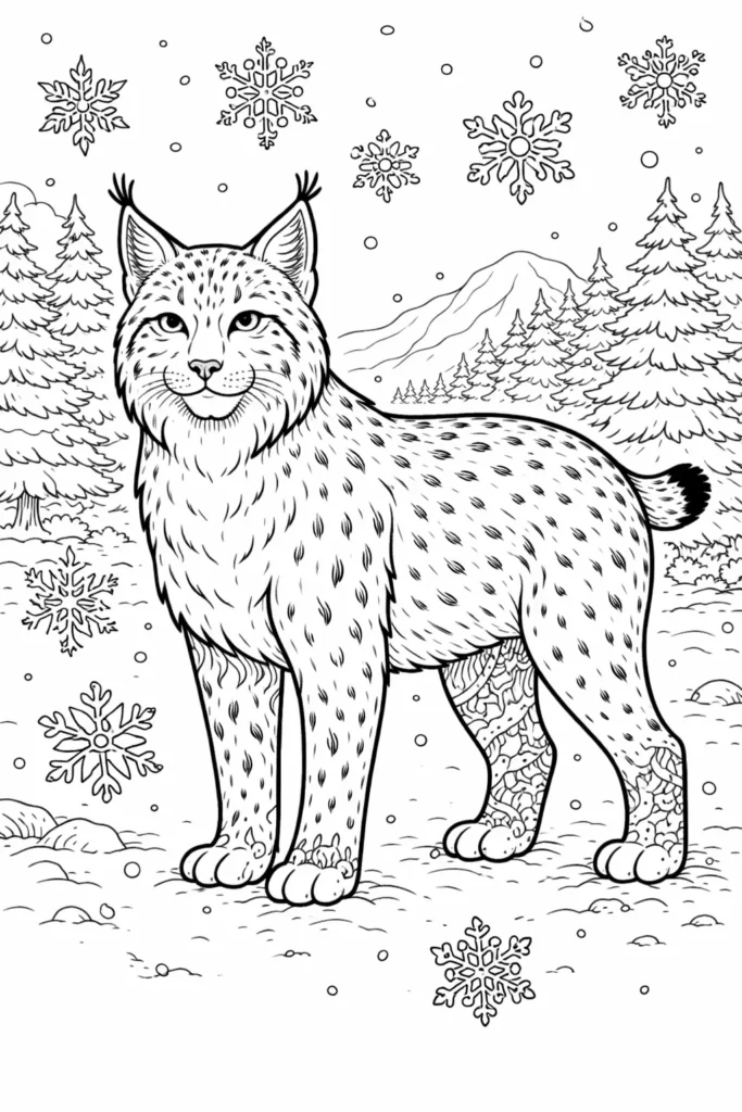 10+ Luchs Ausmalbilder (Kostenlos Malvorlage zum Ausdrucken) Luchs im verschneiten Wald als Ausmalbild zum Ausdrucken für Kinder und Erwachsene, ideal für kreative und entspannte Malmomente.