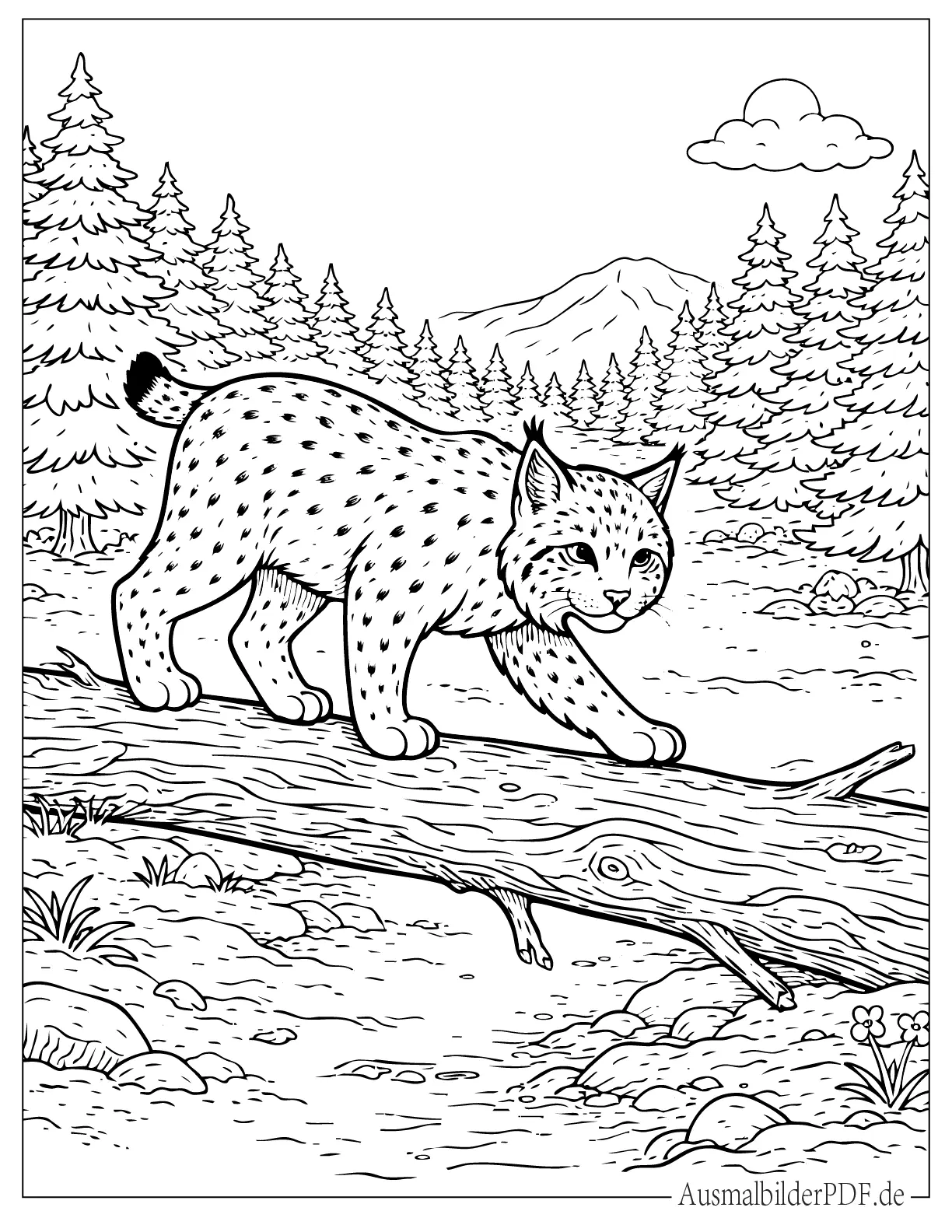 Luchs läuft auf einem Baumstamm Ausmalvorlage