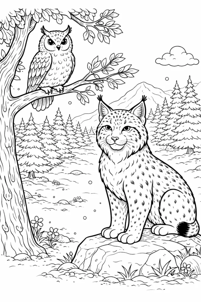 10+ Luchs Ausmalbilder (Kostenlos Malvorlage zum Ausdrucken) Luchs sitzt auf einem Felsen, während eine Eule vom Baum beobachtet, als Ausmalbild für Kinder und Erwachsene zum Ausdrucken.