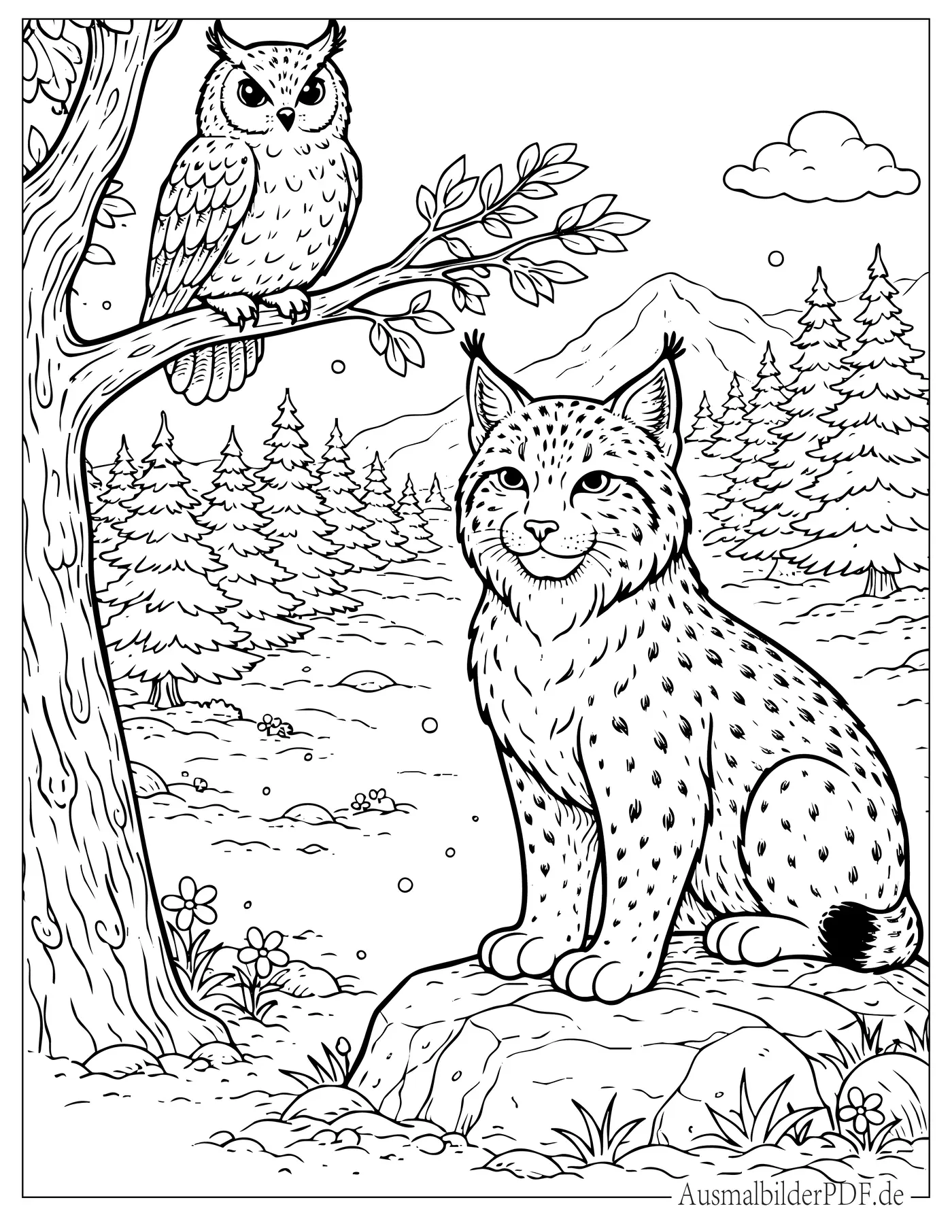 Luchs mit Eule sitzt auf Ast zum Ausmalen
