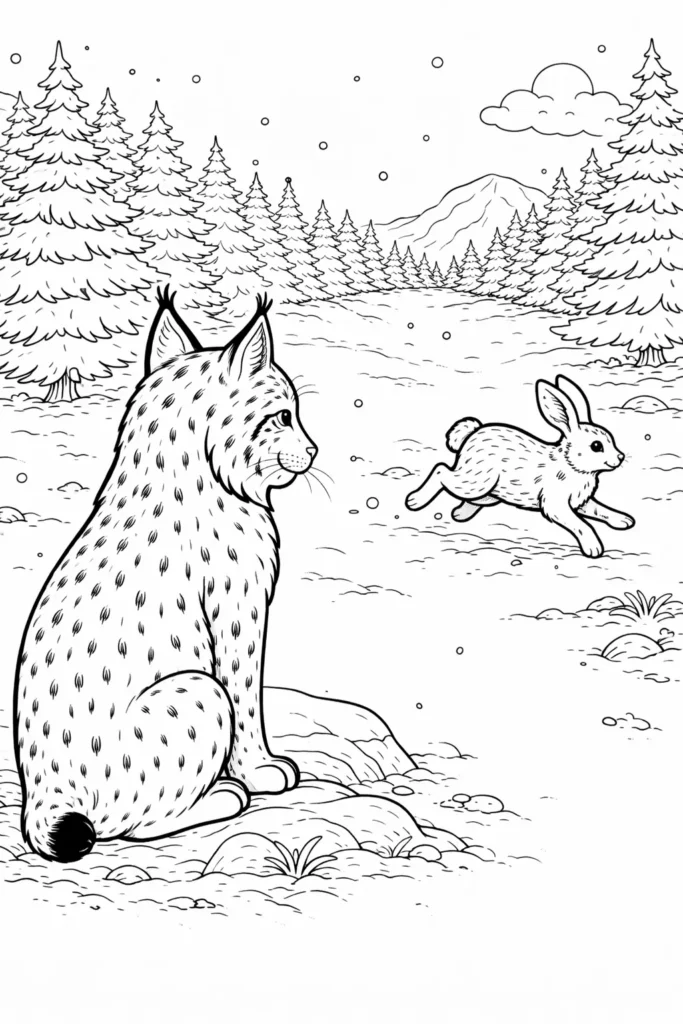 10+ Luchs Ausmalbilder (Kostenlos Malvorlage zum Ausdrucken) Luchs beobachtet einen Hase, der durch den Schnee hoppelt, als Ausmalbild zum Ausdrucken für Kinder und Erwachsene zum Ausmalen.