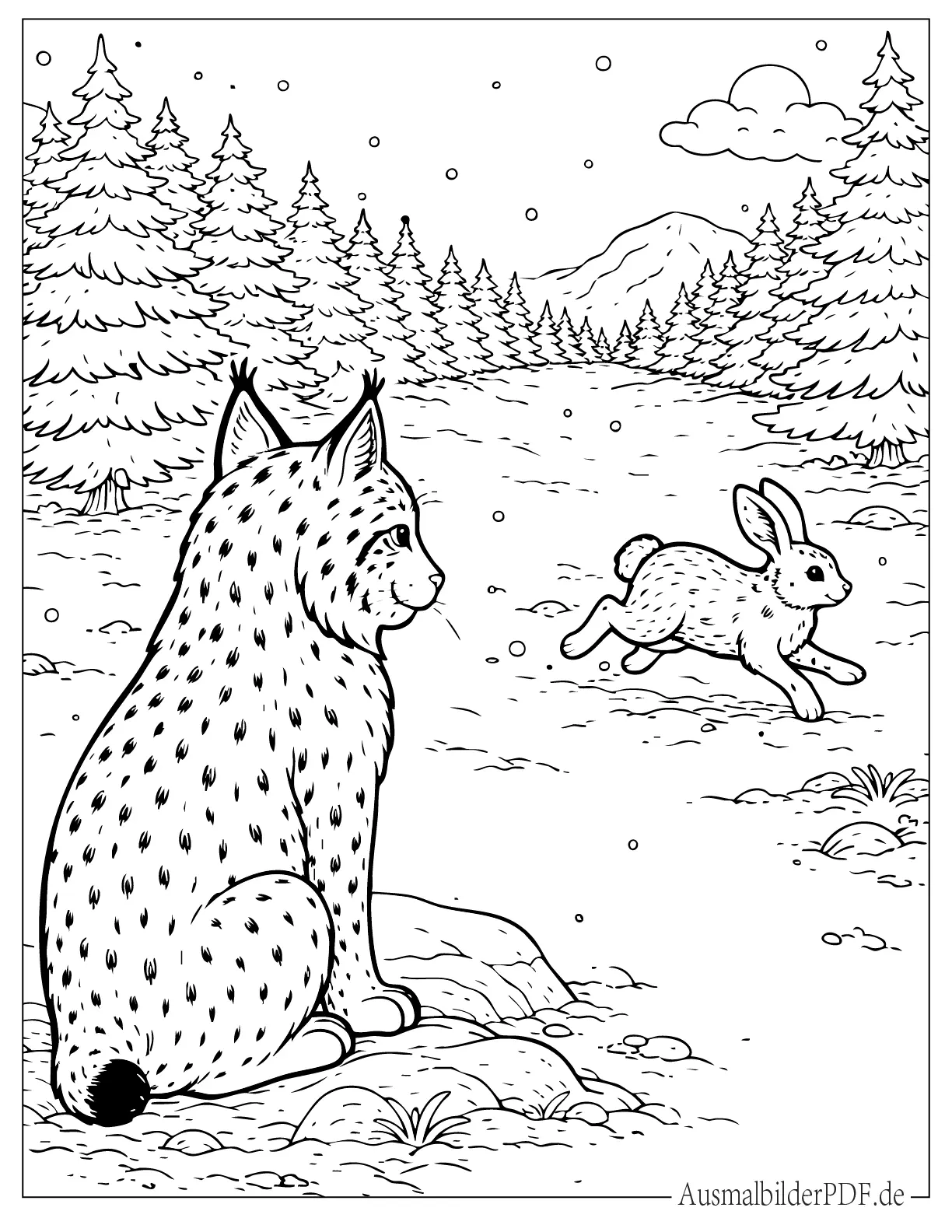 Luchs und Hase im Schnee Ausdruckbare Ausmalbild