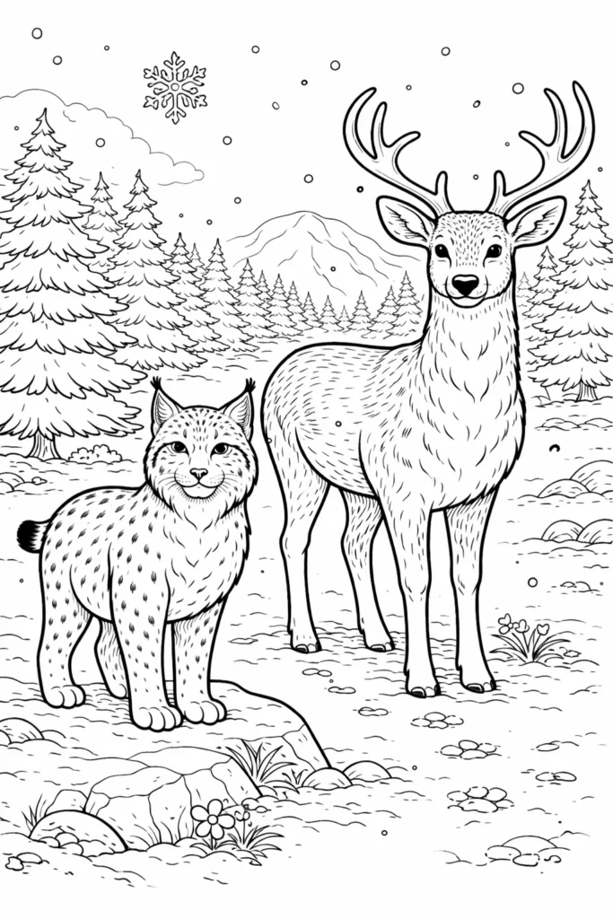 10+ Luchs Ausmalbilder (Kostenlos Malvorlage zum Ausdrucken) Luchs und Hirsch stehen gemeinsam im verschneiten Wald als Ausmalbild zum Ausdrucken für Kinder und Erwachsene zum kreativen Ausmalen.