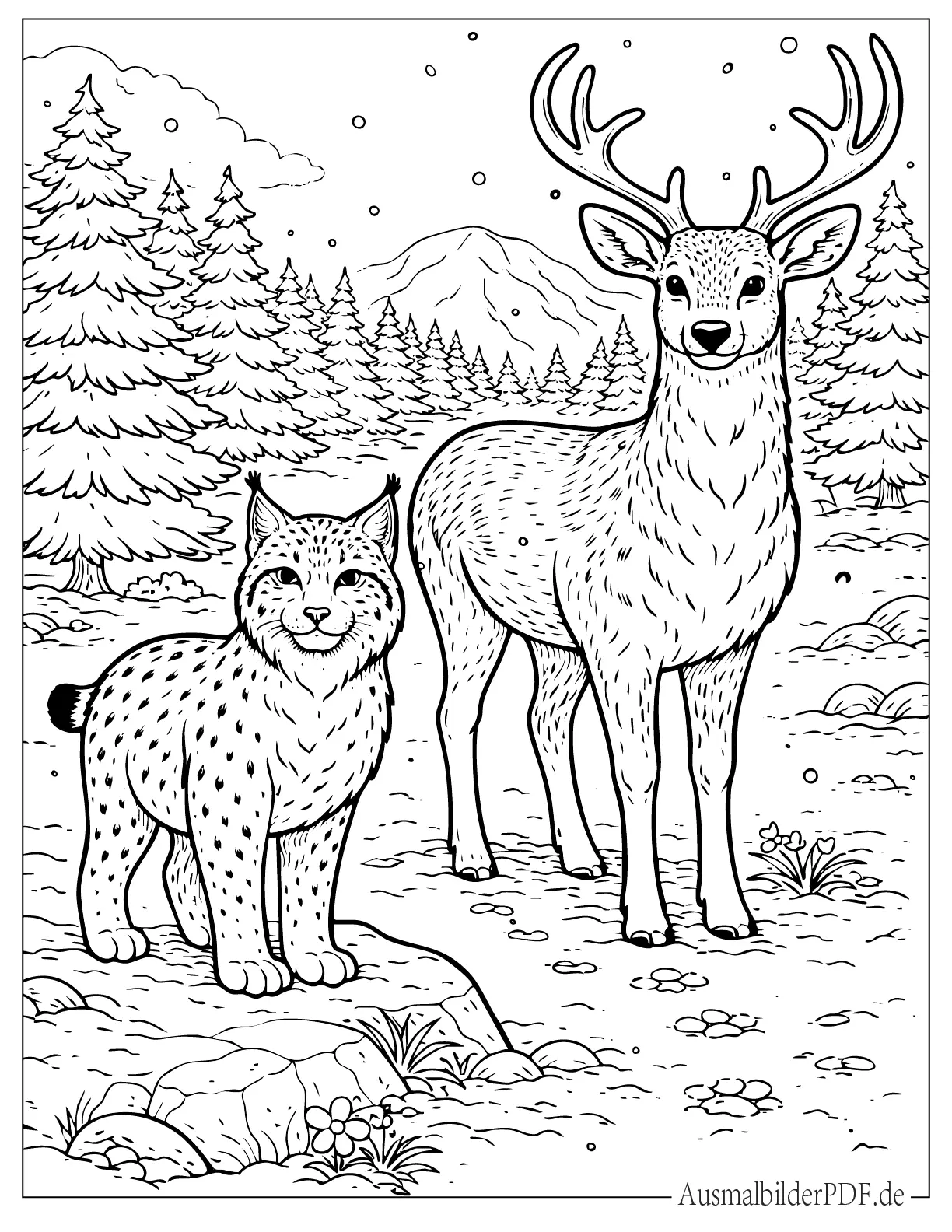 Wildtiere Luchs und Hirsch im Schneewald Ausmalbild